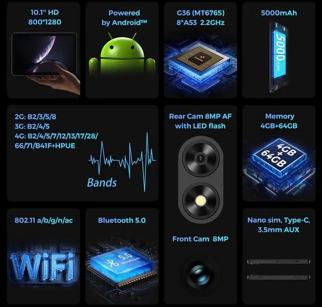 Alt view image 2 of 7 - Foxxd C10 Pro Unlocked Android 15 All-in-One Smart Tablet 10.1" HD Display 8MP Camera 4GB+64GB Quad-Core 5000mAh Battery