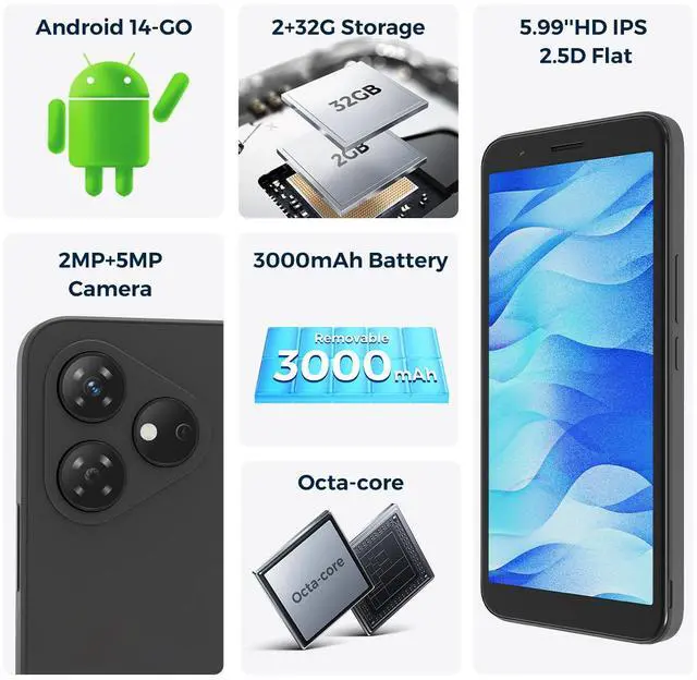 Alt view image 3 of 7 - MIRO A1 Cellphone 5.99'' HD IPS Incell 2.5D Display Octa-core Android 14 Smartphone 2+32GB TF, 3000mAh Battery Andriod Phone, Unlock Smart Phone, 4G Dual SIM, GPS,OTG- Blue