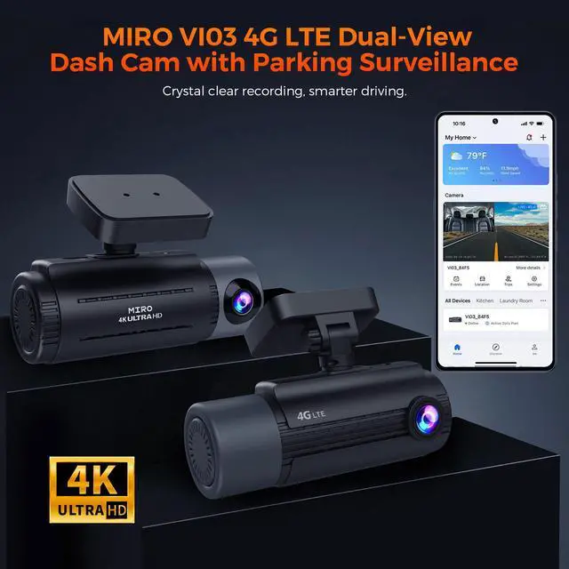 Alt view image 2 of 7 - MIRO VI03 4G LTE Dual Dash Cam Front and Rear, 4K Front 1080P Full HD, Motion G-Sensor, 24H Parking Monitor, Connected Smart APP, GPS, Night Vision