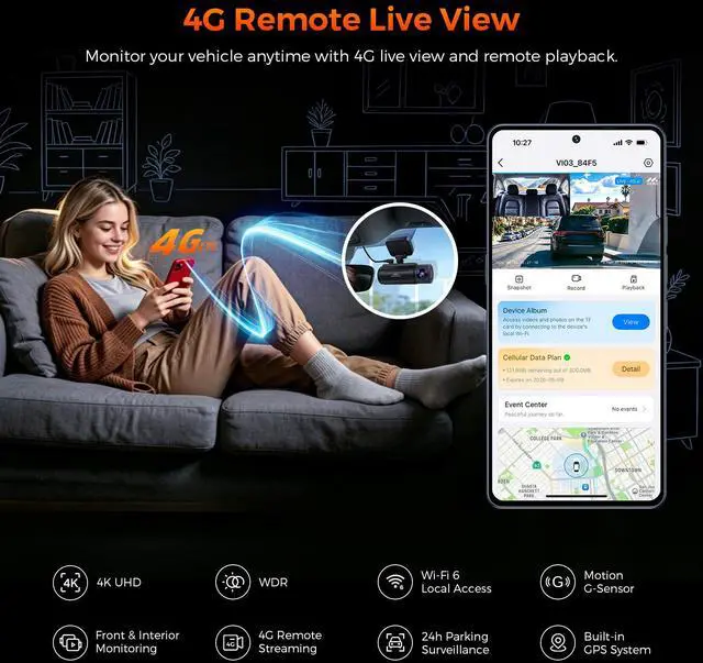 Alt view image 4 of 7 - MIRO VI03 4G LTE Dual Dash Cam Front and Rear, 4K Front 1080P Full HD, Motion G-Sensor, 24H Parking Monitor, Connected Smart APP, GPS, Night Vision