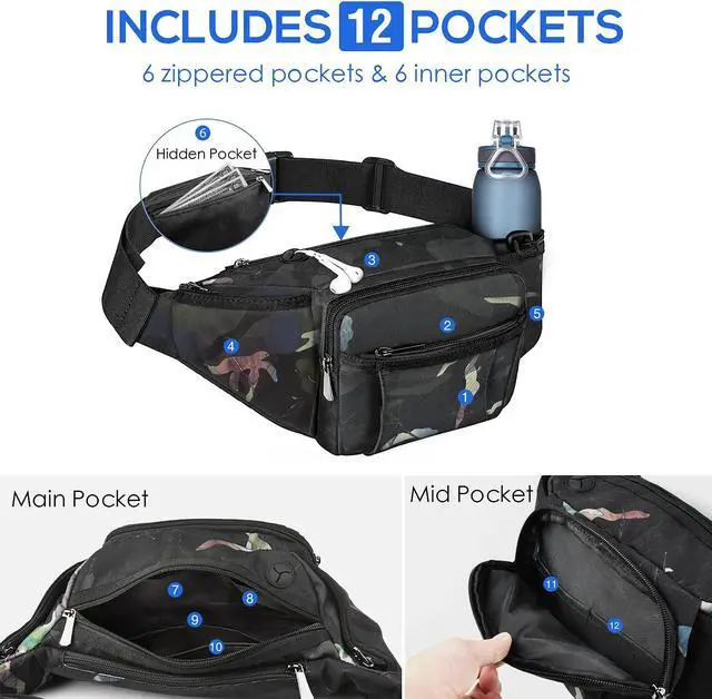 Alt view image 4 of 6 - Large Fanny Pack With Water Bottle Holder For Men Women Hiking Waist Packs Hip Bug Bag Adjustable Belt Bag For Outdoors Workout Dog Walking Traveling Cycling (Floral)