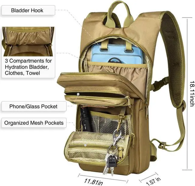 Alt view image 5 of 6 - Hydration Backpack with 3L TPU Water Bladder, Tactical Molle Water Backpack for Men Women, Hydration Pack for Hiking, Biking, Running and Climbing