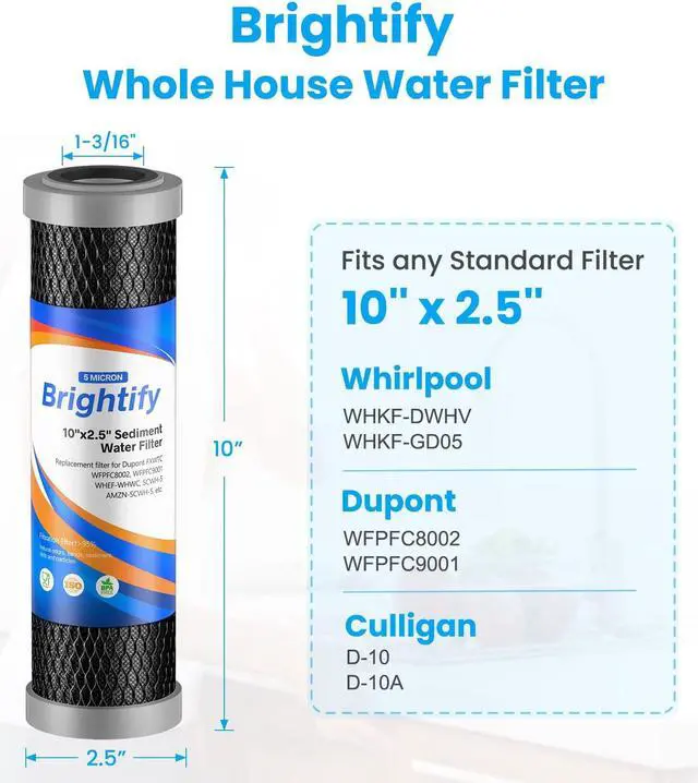 Alt view image 6 of 7 - Brightify 10"x2.5" 5 Micron Carbon Water Filter, Whole House Carbon CTO Water Filter Cartridge Replacement Fits Culligan D-10A, P5-D, DuPont WFPFC8002, SCWH-5, GE FXWTC, Whirlpool WHCF-WHWC, 6 Pack