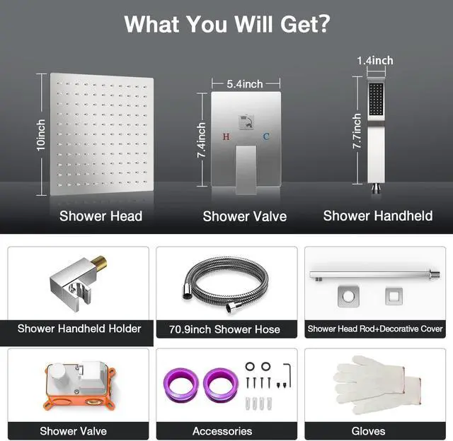 Alt view image 6 of 7 - Rain Shower System, 10 Inch Square Rainfall Shower Head High Pressure Wall Mount Shower Faucet Set with Hand Sprayer Rough-in Valve Trim Kit Bathroom Mixer Shower Combo Set