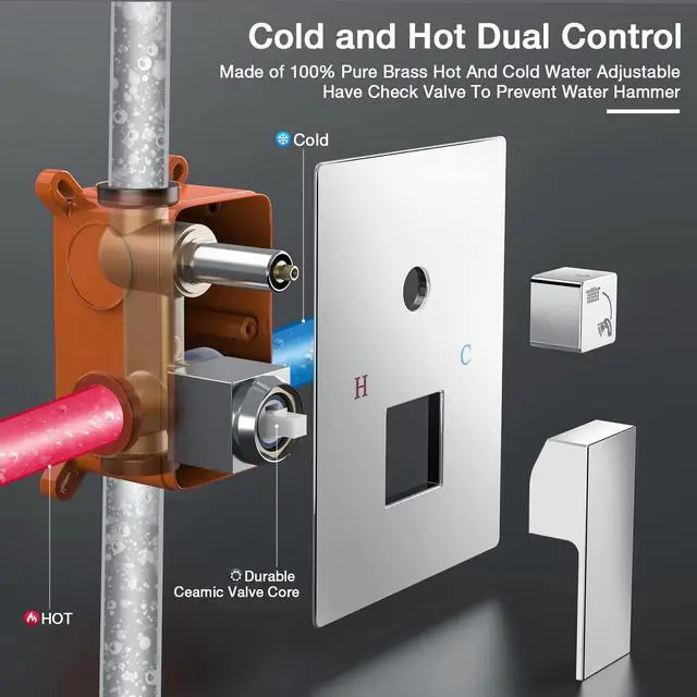 Alt view image 5 of 7 - Rain Shower System, 10 Inch Square Rainfall Shower Head High Pressure Wall Mount Shower Faucet Set with Hand Sprayer Rough-in Valve Trim Kit Bathroom Mixer Shower Combo Set