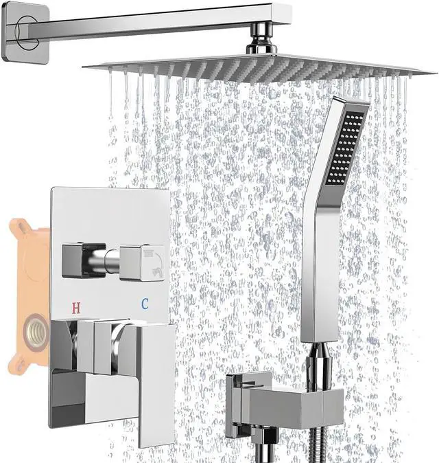 Main image of Rain Shower System, 10 Inch Square Rainfall Shower Head High Pressure Wall Mount Shower Faucet Set with Hand Sprayer Rough-in Valve Trim Kit Bathroom Mixer Shower Combo Set