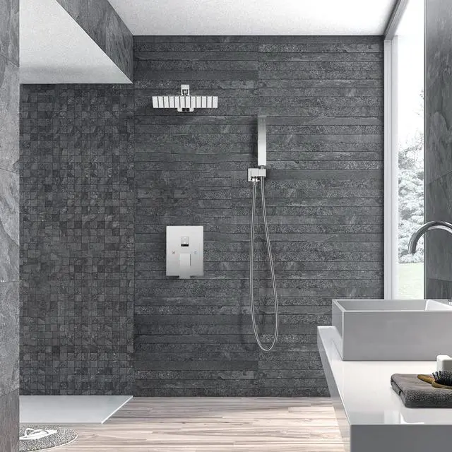 Alt view image 7 of 7 - Rain Shower System, 10 Inch Square Rainfall Shower Head High Pressure Wall Mount Shower Faucet Set with Hand Sprayer Rough-in Valve Trim Kit Bathroom Mixer Shower Combo Set