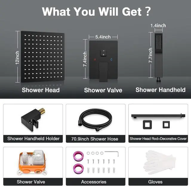Alt view image 6 of 7 - Brightify Shower Faucet Set, 12" Black Rain Shower Head Ceiling Mount with Handheld Spray, High Pressure Bathroom Mixer Shower Set Wall Mounted Shower System Rough-in Valve and Trim Kit