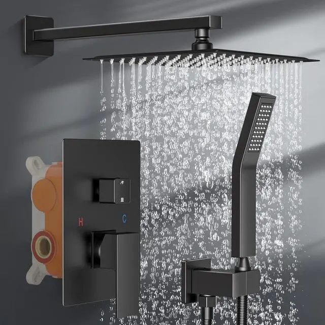 Main image of Brightify Shower Faucet Set, 12" Black Rain Shower Head Ceiling Mount with Handheld Spray, High Pressure Bathroom Mixer Shower Set Wall Mounted Shower System Rough-in Valve and Trim Kit