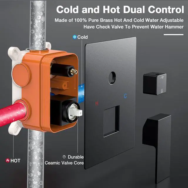 Alt view image 5 of 7 - Brightify Shower Faucet Set, 12" Black Rain Shower Head Ceiling Mount with Handheld Spray, High Pressure Bathroom Mixer Shower Set Wall Mounted Shower System Rough-in Valve and Trim Kit