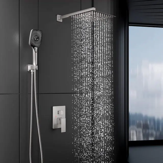 Alt view image 7 of 7 - Shower Faucet Set Stainless Steel 10in Rainfall Shower Head with Handheld 3 Functions Shower System Brass Pressure Balance Shower Valve