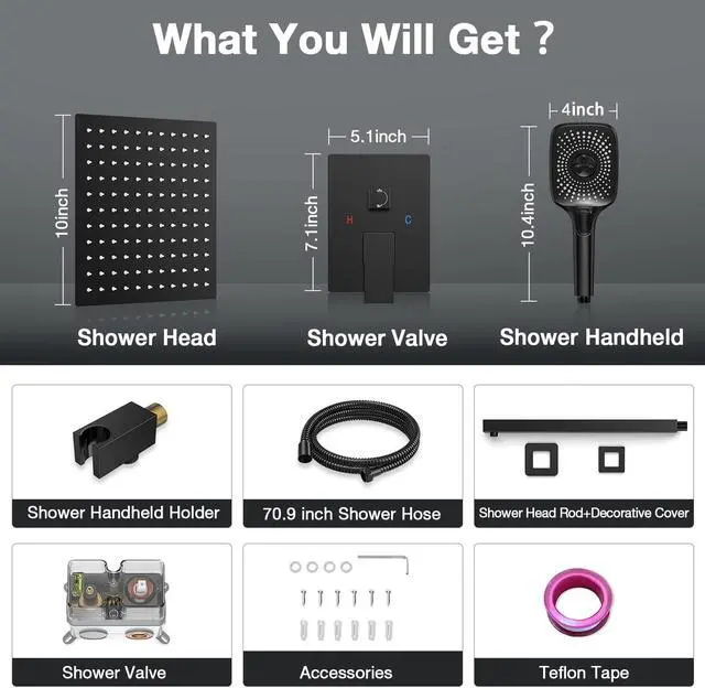 Alt view image 6 of 7 - Black Shower Faucet Set Stainless Steel 10in Rainfall Shower Head with Handheld 3 Functions Shower System Brass Pressure Balance Shower Valve
