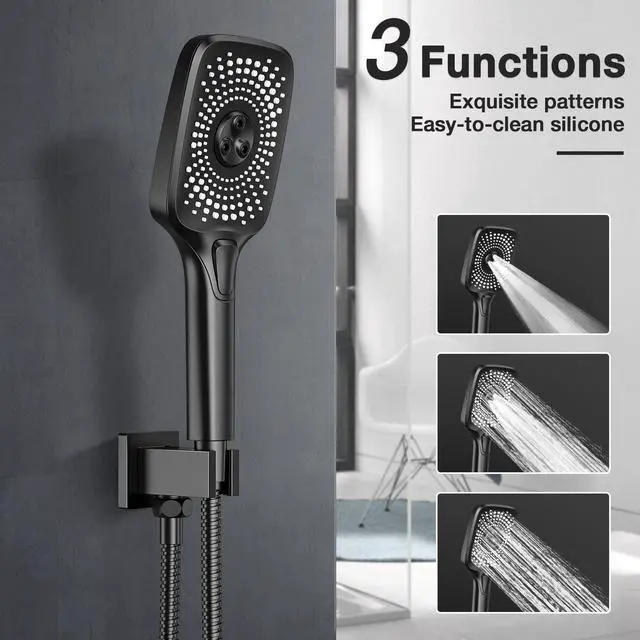 Alt view image 3 of 7 - Black Shower Faucet Set Stainless Steel 10in Rainfall Shower Head with Handheld 3 Functions Shower System Brass Pressure Balance Shower Valve