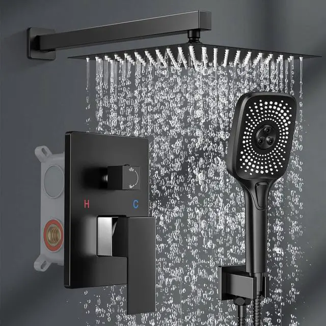 Main image of Black Shower Faucet Set Stainless Steel 10in Rainfall Shower Head with Handheld 3 Functions Shower System Brass Pressure Balance Shower Valve