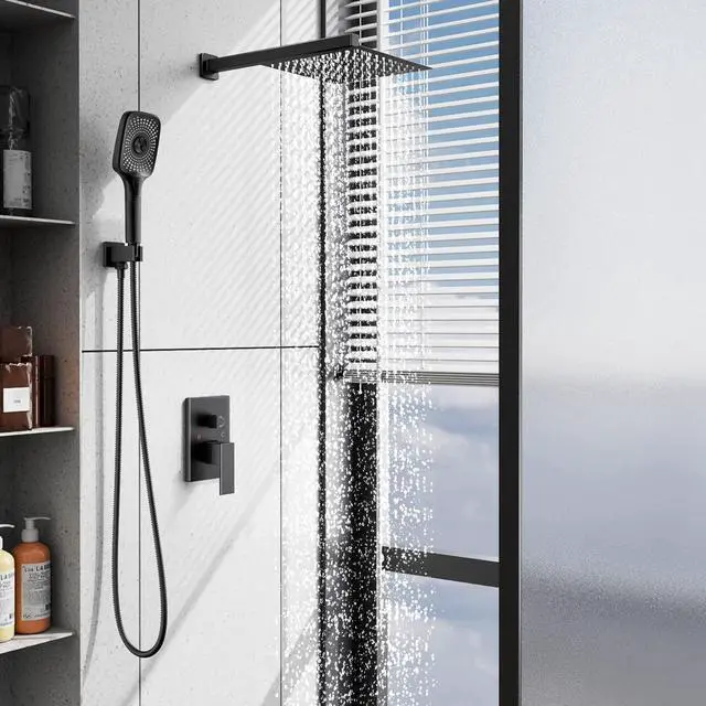 Alt view image 7 of 7 - Black Shower Faucet Set Stainless Steel 10in Rainfall Shower Head with Handheld 3 Functions Shower System Brass Pressure Balance Shower Valve