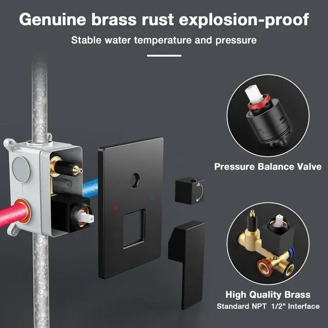 Alt view image 5 of 7 - Black Shower Faucet Set Stainless Steel 10in Rainfall Shower Head with Handheld 3 Functions Shower System Brass Pressure Balance Shower Valve