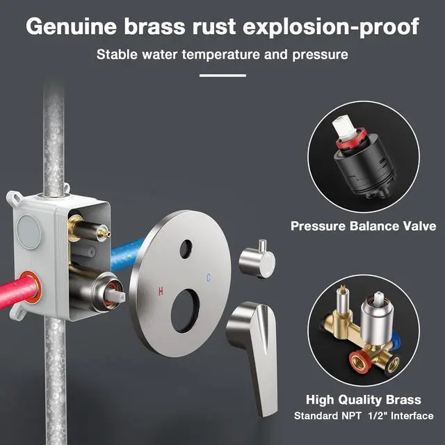 Alt view image 5 of 7 - Rainfall Shower System 10in Pressure Balance Handheld 3 Modes Shower Head System with Handheld 3 Modes Shower Faucet Set Complete Stainless Steel Brushed Nickel