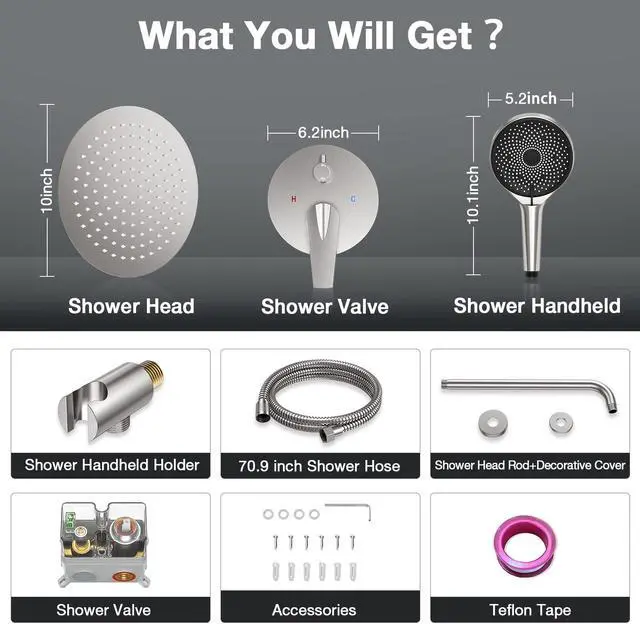 Alt view image 6 of 7 - Rainfall Shower System 10in Pressure Balance Handheld 3 Modes Shower Head System with Handheld 3 Modes Shower Faucet Set Complete Stainless Steel Brushed Nickel
