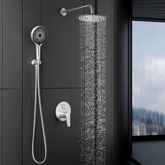 Alt view image 7 of 7 - Rainfall Shower System 10in Pressure Balance Handheld 3 Modes Shower Head System with Handheld 3 Modes Shower Faucet Set Complete Stainless Steel Brushed Nickel