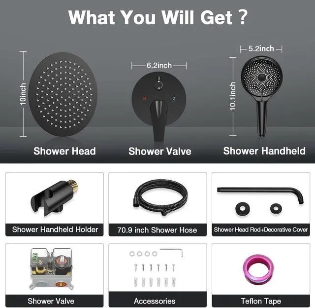 Alt view image 6 of 7 - Black Shower System 10in Handheld 3 Modes Stainless Steel Black Shower Faucet Set Pressure Balance Shower Faucets Sets Complete Luxury Matte Black Shower System