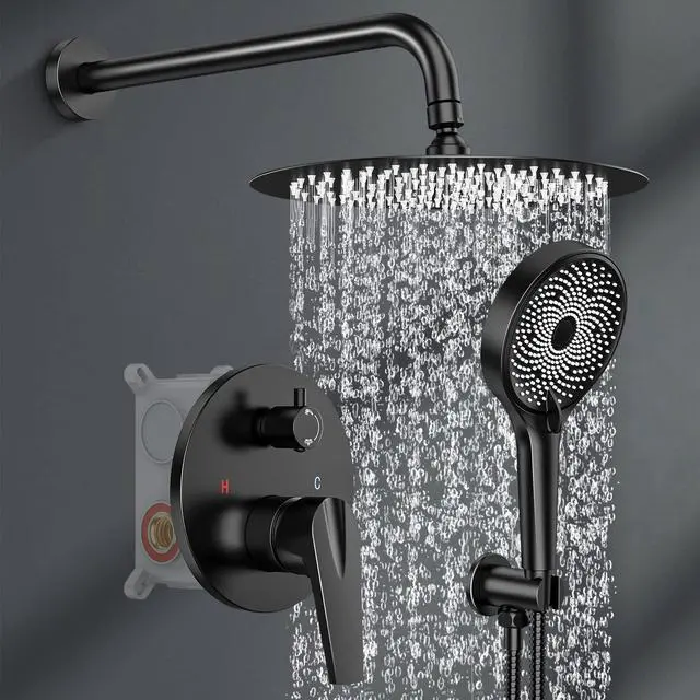 Main image of Black Shower System 10in Handheld 3 Modes Stainless Steel Black Shower Faucet Set Pressure Balance Shower Faucets Sets Complete Luxury Matte Black Shower System