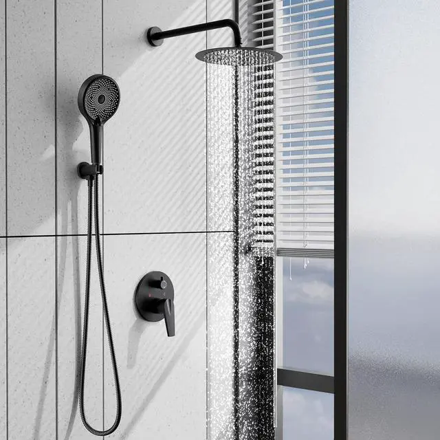 Alt view image 7 of 7 - Black Shower System 10in Handheld 3 Modes Stainless Steel Black Shower Faucet Set Pressure Balance Shower Faucets Sets Complete Luxury Matte Black Shower System