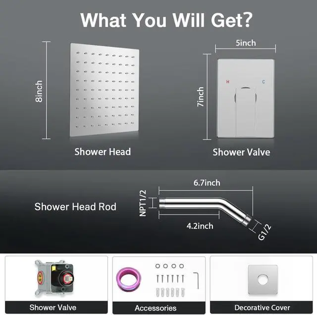 Alt view image 6 of 7 - Shower Faucet Set 8in Pressure Balance Shower Valve kit Rainfall Shower Head Stainless Steel Shower System Brass Rough-in Valve Polished Chrome
