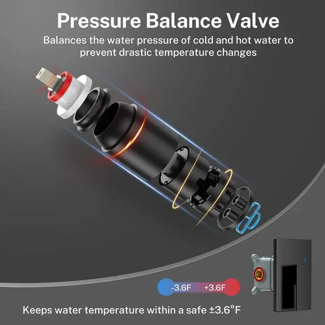 Alt view image 5 of 7 - Black Shower Faucet Set 8in Pressure Balance Shower Valve kit Rainfall Shower System Stainless Steel Shower System Brass Rough-in Valve