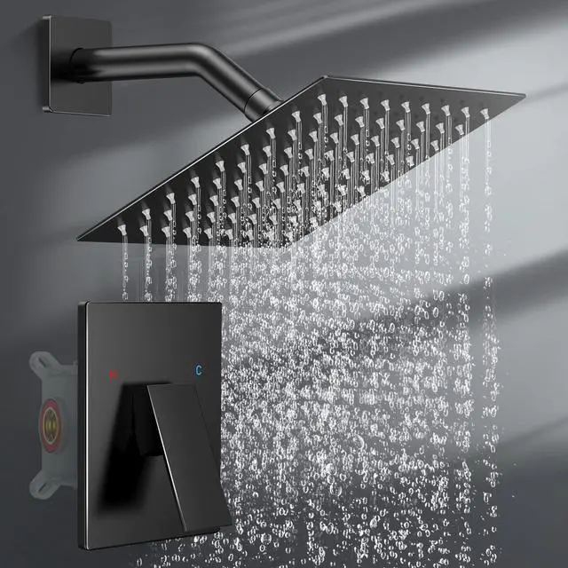 Main image of Black Shower Faucet Set 8in Pressure Balance Shower Valve kit Rainfall Shower System Stainless Steel Shower System Brass Rough-in Valve