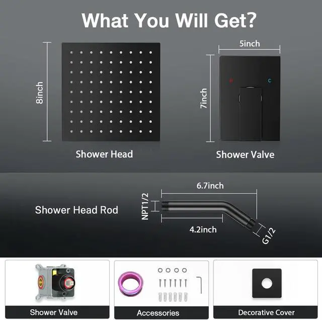 Alt view image 6 of 7 - Black Shower Faucet Set 8in Pressure Balance Shower Valve kit Rainfall Shower System Stainless Steel Shower System Brass Rough-in Valve