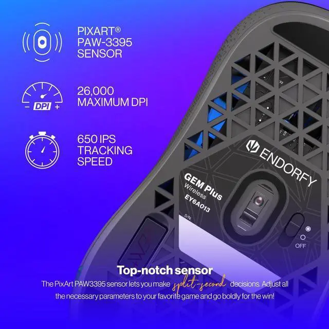Alt view image 2 of 8 - ENDORFY Gem Plus Wireless PAW3395, Ultralight, Black Gaming Mouse with RGB, Kailh GM 8.0 mechanical switches and PixArt PAW3395 sensor | EY6A013