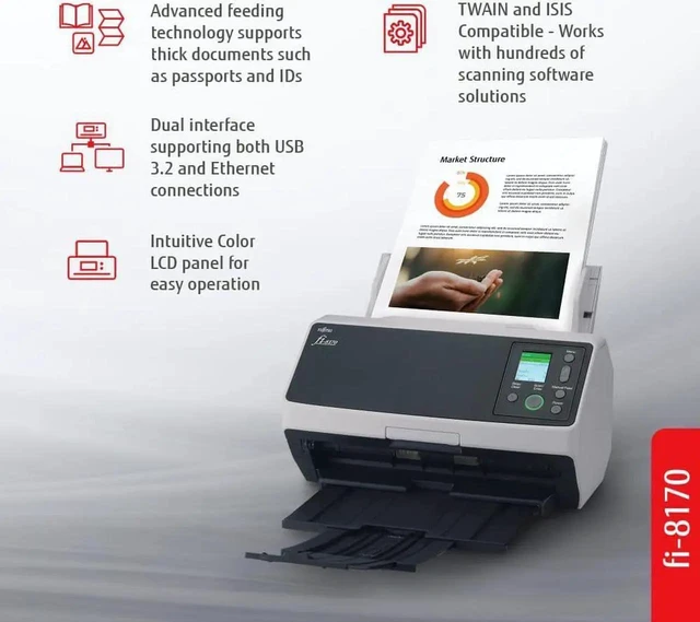 Alt view image 3 of 5 - Fujitsu Professional High Speed Large Format ADF/Manual Color Duplex Document Scanner FI8170 Up to 70 double sided- Network Enabled