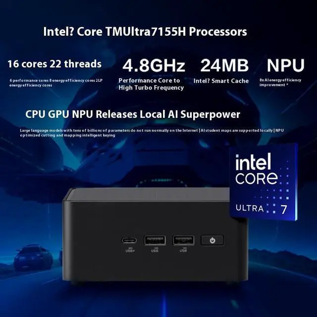 Alt view image 3 of 3 - NUC14 Pro Mini High Performance Commercial AI Office Desktop (CoreUltra7-155H) Thick Black