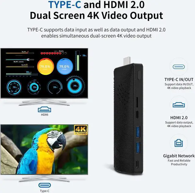 Alt view image 3 of 7 - HIGOLEPC Fanless  Mini PC Stick | Featuring Intel Celeron J4105, Windows 11 Pro, 8GB/256GB, USB PD 3.0, HDMI 4K@60Hz, Gigabit Ethernet, Wi-Fi 5.0, BT 5.2 | Perfect for Business, Industrial, Office