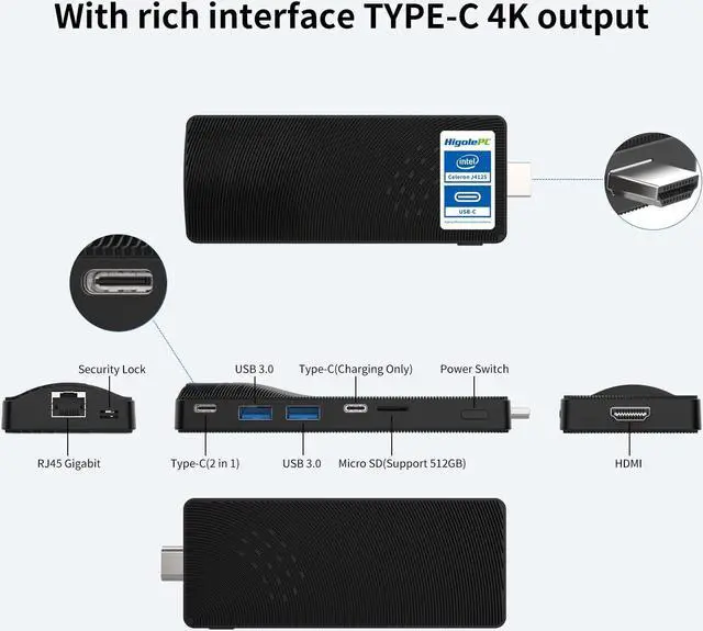 Alt view image 6 of 7 - HIGOLEPC Fanless  Mini PC Stick | Featuring Intel Celeron J4105, Windows 11 Pro, 8GB/256GB, USB PD 3.0, HDMI 4K@60Hz, Gigabit Ethernet, Wi-Fi 5.0, BT 5.2 | Perfect for Business, Industrial, Office