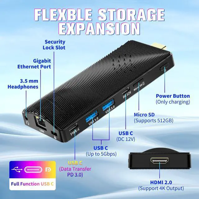 Alt view image 3 of 7 - HIGOLEPC Mini PC Windows 11 Pro Intel Celeron N4000 4GB/64GB,Micro Computer Stick PC USB PD3.0 and HDMI 4K Gigabit Ethernet,WiFi 5.0,BT 4.2, Mini Computer on Business Office Media Home