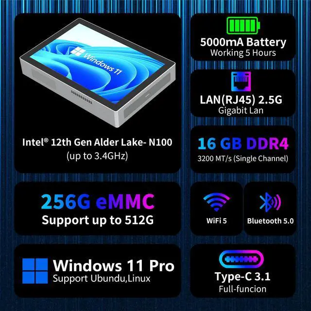 Alt view image 3 of 7 - Higole F9B with 4G LTE 7'' Mini PC Windows 11 Pro Intel Alder Lake N100 WiFi5 BT5.0 16GB LPDDR4 256GB eMMC 5000mAh Battery Dual 2.5G LAN Dual 4K Video Output Mini PC with Screen Mini Computer With Fan