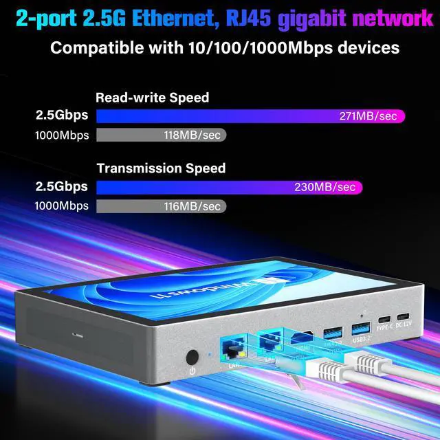 Alt view image 6 of 7 - Higole F9B Pro 7'' Mini PC Windows 11 Pro Intel Alder Lake N100 WiFi5 BT5.0 16GB LPDDR4 512GB eMMC 5000mAh Battery Dual 2.5G LAN Dual 4K Video Output Mini PC with Screen Mini Computer With Fan