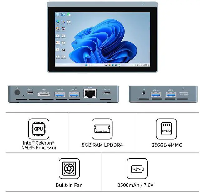 Alt view image 3 of 6 - Higolepc Gole 2 Pro 5.5'' Mini PC Windows 11 Pro Intel Celeron N5095 WiFi 5 BT5.0 8GB LPDDR4 256GB eMMC 2500mAh Battery Dual 4K Video Output Mini PC with Screen Mini Computer With Fan Gigabit Ethernet