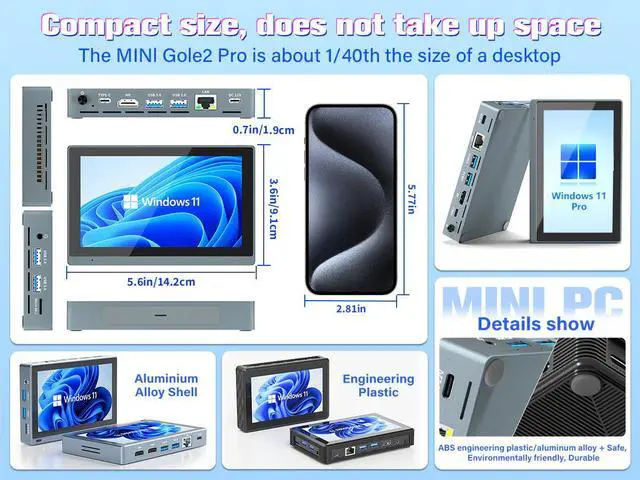 Alt view image 5 of 6 - Higole Gole 2 Pro 5.5'' Mini PC Windows 11 Pro Intel Celeron N5095 WiFi 5 BT5.0 8GB LPDDR4 128GB eMMC 2500mAh Battery Dual 4K Video Output Mini PC with Screen Mini Computer With Fan Gigabit Ethernet