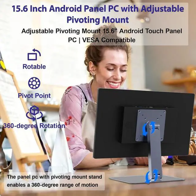 Alt view image 2 of 7 - HIGOLEPC 15.6" Fanless Industrial Panel PC - Android 12 Touchscreen Computer, Rugged RK3399 Tablet with Pivoting VESA Mount, 4GB RAM 64GB ROM, 1080P IPS, Gigabit Ethernet, USB 3.0, Type-C
