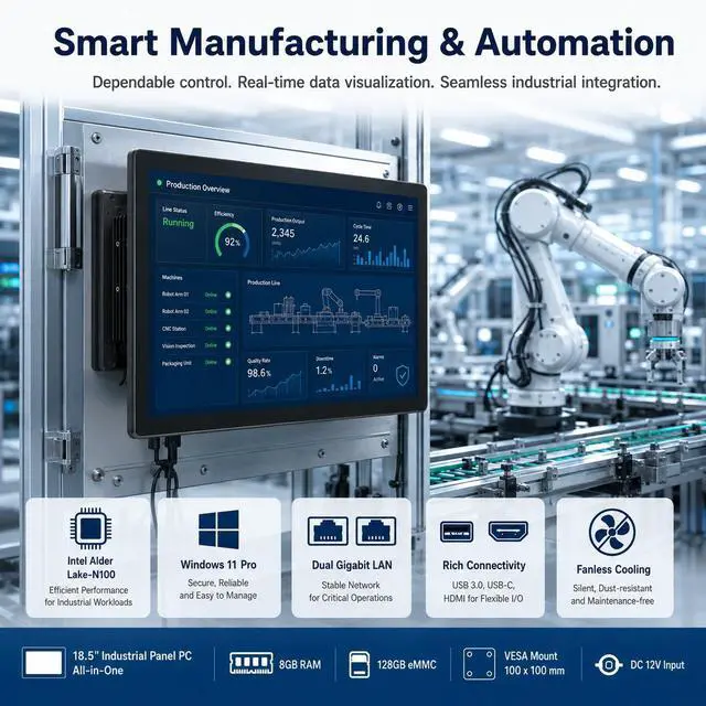 Alt view image 6 of 7 - 18,5 Zoll Industrie Panel PC mit Touchscreen, Windows 11 Pro All-in-One Computer, Intel N100, 8 GB RAM, 128 GB eMMC, Full HD IPS, lüfterlos, HDMI 2.0, USB-C 3.1, 2× USB 3.2, 2× USB 2.0, Dual LAN