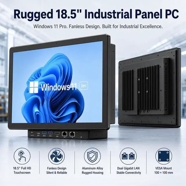 Alt view image 2 of 7 - 18,5 Zoll Industrie Panel PC mit Touchscreen, Windows 11 Pro All-in-One Computer, Intel N100, 8 GB RAM, 128 GB eMMC, Full HD IPS, lüfterlos, HDMI 2.0, USB-C 3.1, 2× USB 3.2, 2× USB 2.0, Dual LAN