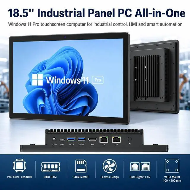 Alt view image 3 of 7 - 18,5 Zoll Industrie Panel PC mit Touchscreen, Windows 11 Pro All-in-One Computer, Intel N100, 8 GB RAM, 128 GB eMMC, Full HD IPS, lüfterlos, HDMI 2.0, USB-C 3.1, 2× USB 3.2, 2× USB 2.0, Dual LAN