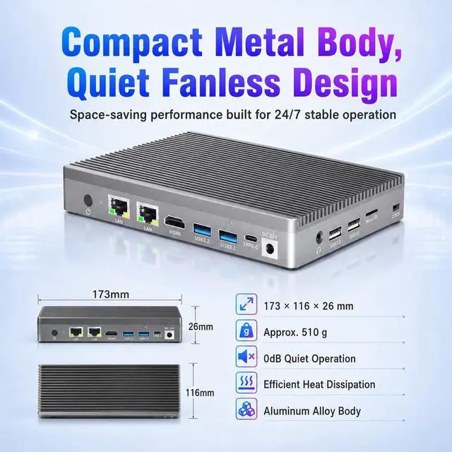 Alt view image 6 of 7 - Fanless Mini PC with Intel N100, 16GB DDR4 512GB eMMC, Dual 2.5G Ethernet Mini Computer, WiFi 5, Bluetooth 5.0, HDMI 2.0, Full-Function USB-C, 4 USB Ports, PXE/WOL, Windows 11 Pro
