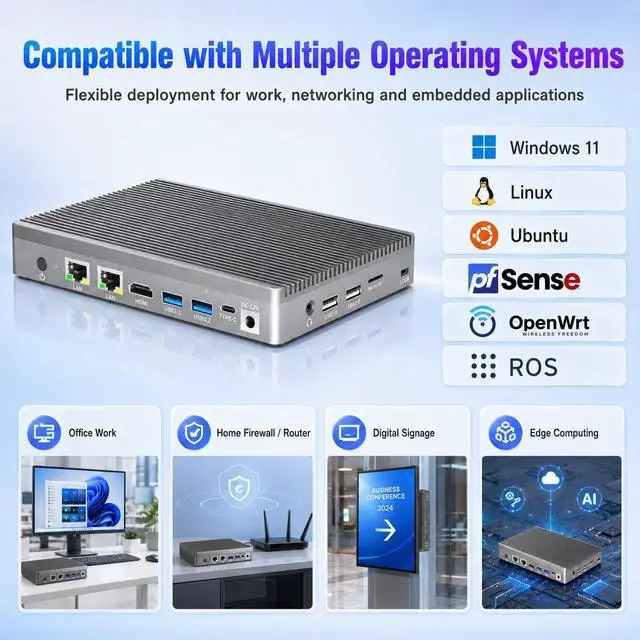 Alt view image 7 of 7 - Fanless Mini PC with Intel N100, 16GB DDR4 512GB eMMC, Dual 2.5G Ethernet Mini Computer, WiFi 5, Bluetooth 5.0, HDMI 2.0, Full-Function USB-C, 4 USB Ports, PXE/WOL, Windows 11 Pro
