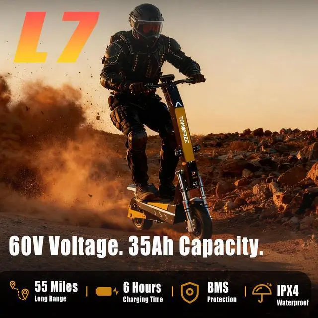 Alt view image 3 of 7 - Tomofree 60V Electric Scooter Adults, 6000W Dual Motor Escooter Top Speed 50MPH,35Ah Battery 55 Miles Range , 11" Off-Road, Tires Foldable Fast E-Scooter, Scooter for Mountains, Full Suspension