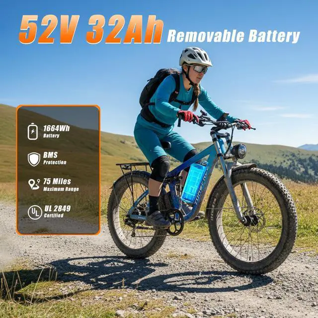 Alt view image 3 of 7 - Tomofree Dual Motor Electric Bike for Adults, 52V 5800W Peak Ebike Electric Mountain Bike, 46MPH 7 Speed, Up to 75 Miles Range,1664Wh Battery, 24" Off Road Tires Mountain E bike, Full Suspension