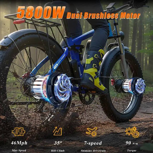 Alt view image 2 of 7 - Tomofree Dual Motor Electric Bike for Adults, 52V 5800W Peak Ebike Electric Mountain Bike, 46MPH 7 Speed, Up to 75 Miles Range,1664Wh Battery, 24" Off Road Tires Mountain E bike, Full Suspension