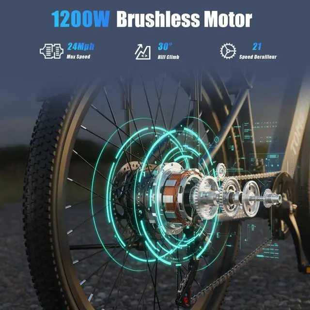 Alt view image 2 of 7 - Tomofree 26" Electric Bike for Adults, 21-Speed E Mountain Bike,1200W Peak 24MPH E bike, Up to 30 Miles Range 37V Battery E-MBT, Electric Bicycle for Commuter